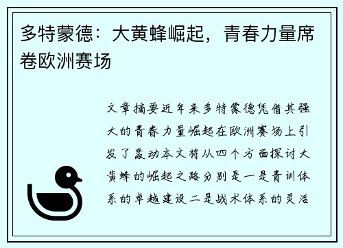 多特蒙德:大黄蜂崛起,青春力量席卷欧洲赛场