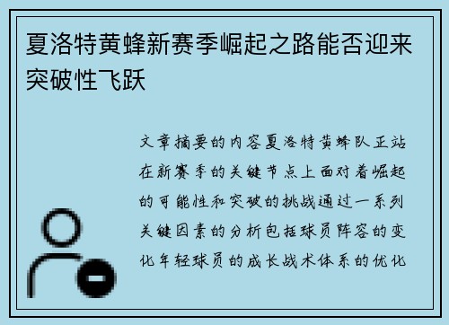 夏洛特黄蜂新赛季崛起之路能否迎来突破性飞跃